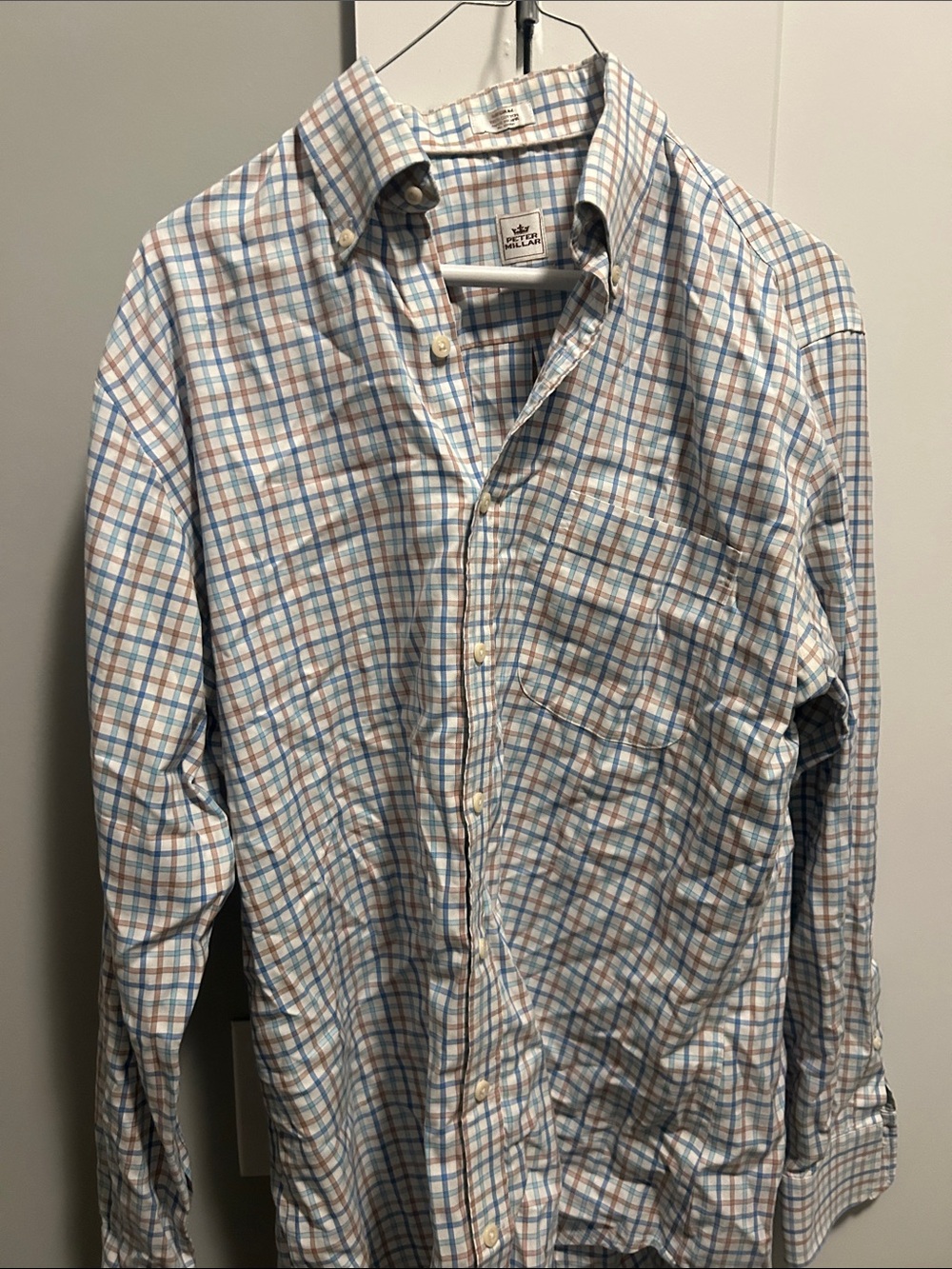 Peter Millar Light Blue & Brown Plaid Dress Shirt easycare